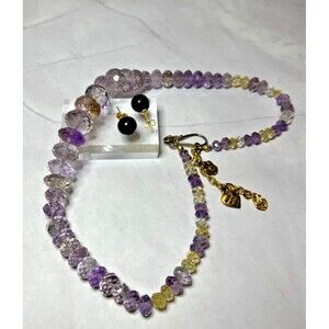 Natural Ametrine Faceted Beaded Necklace & Amethyst Earring Set, (0138)